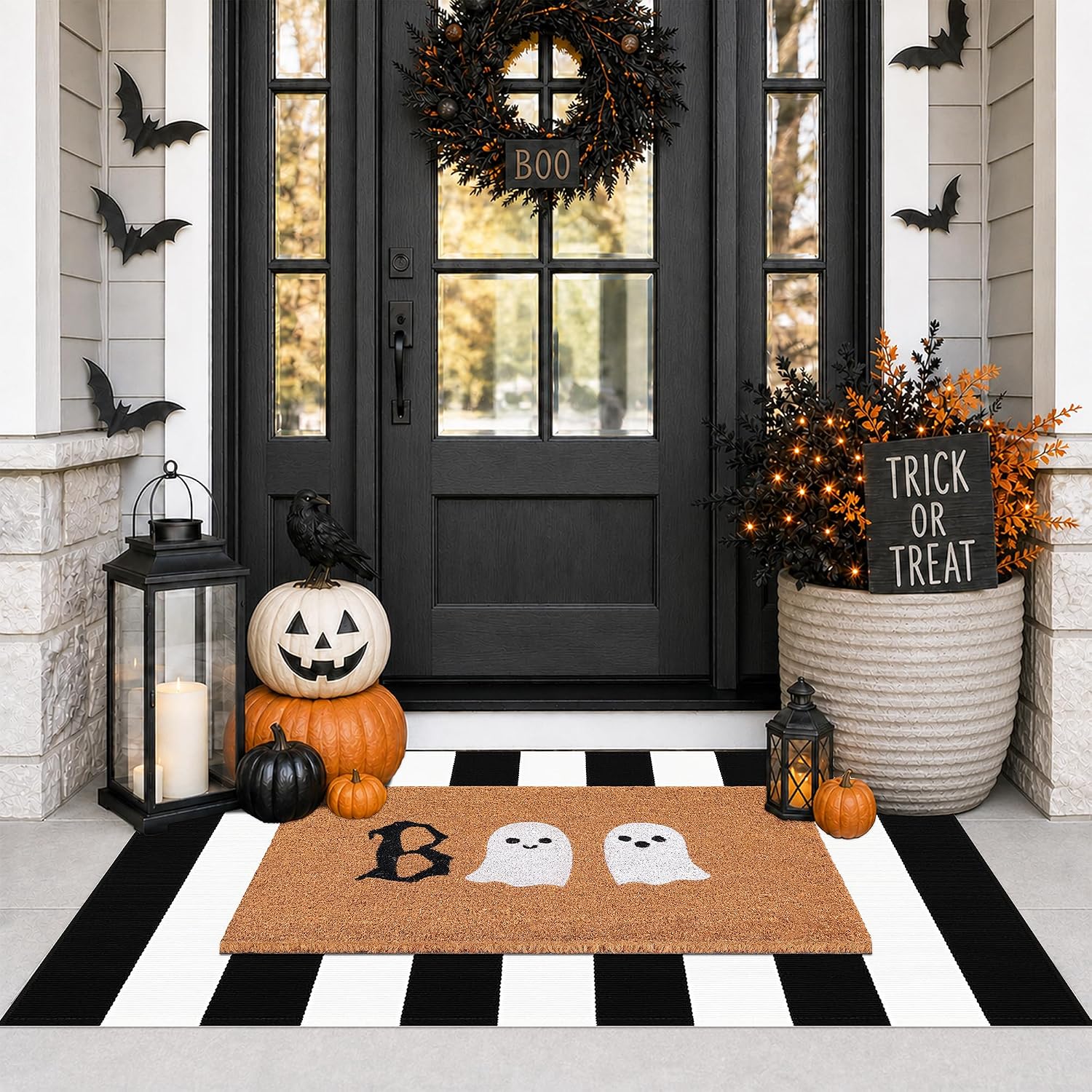 Halloween Door Mat Combo Set, Boo Ghost Coco Coir Welcome Doormat + 28" x 43" Black and White Plaid Rug, Autumn Halloween Front Porch Entryway Decor Floor Mat
