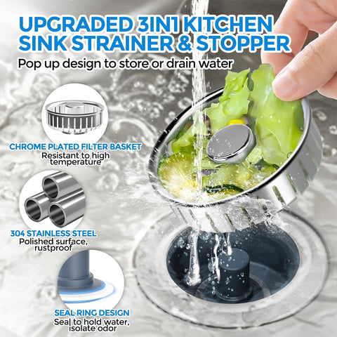 zaa 3 in 1 Kitchen Sink Drain Strainer Stopper Removable Basket Pop-Up
