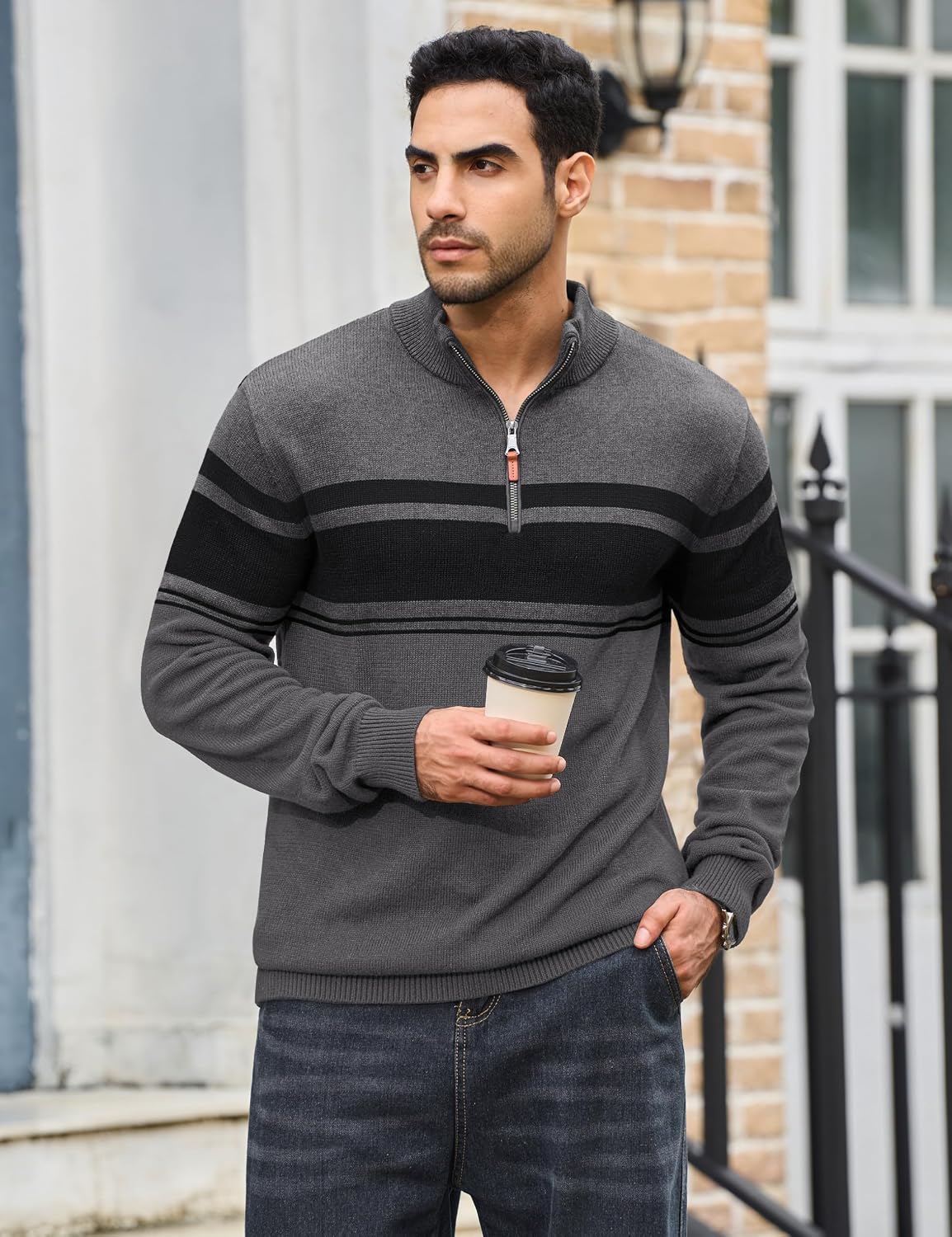 TACVASEN Men's Quarter Zip Sweaters Cotton Pullover Sweater Striped Casual Fall Winter Warm Pullover Sweatshirts