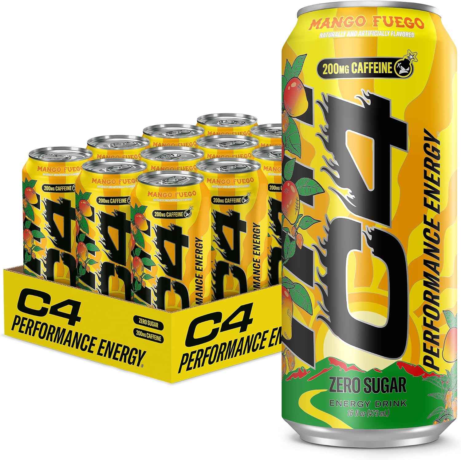 C4 Performance Energy Drink with Zero Sugar, Mango Fuego, 12pk