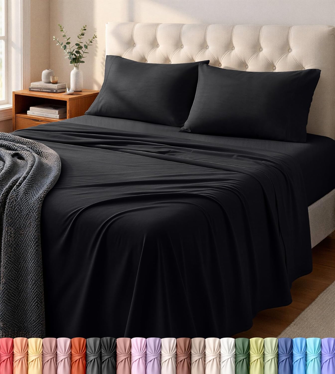 Utopia Bedding Jersey Knit Queen Sheets Set – 4 Piece Cotton Jersey Sheets, Ultra Soft T-Shirt Feel, Breathable & Stretchy Bed Sheet Set, Black (Pack of 6)