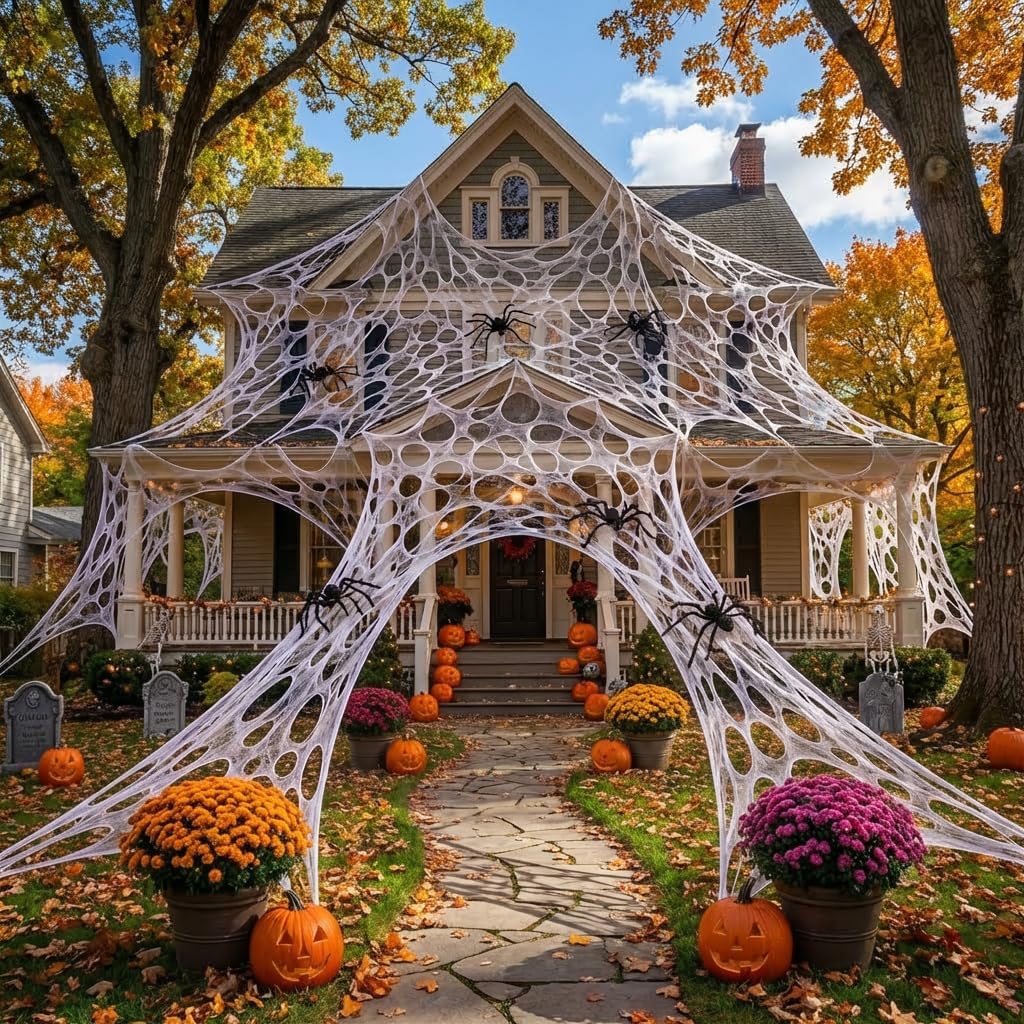 2000 Sqft （After Streched with Holes） Uncut Giant Spider Web Halloween Decorations Outdoor with 10 Ground Nails Stretchy Beef Cloth Netting Cut-Your-Own Flexible Elastic for Yard Party Decor