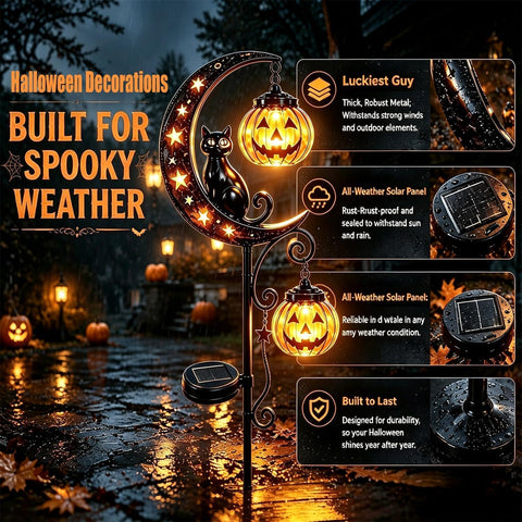 Solar Halloween Black Cat & Pumpkin Moon Garden Stake Light, Outdoor Waterproof LED Yard Decoration with Crescent Moon (Single Light A)