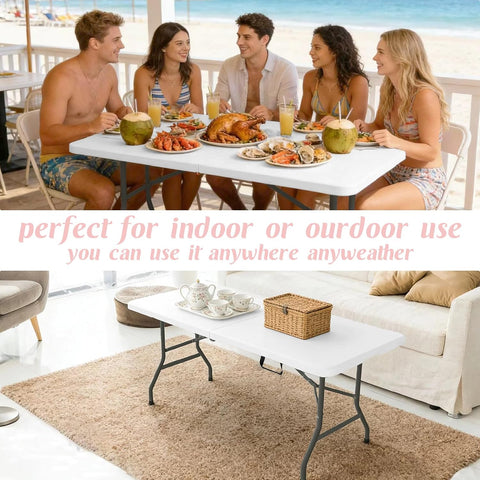 2 Pack 5 Feet Portable Folding Table White, Steel Legs Fold-in-Half with Carrying Handle Rectangular Plastic Foldable Table for Party, Wedding, Camping, Picnic, Dining, Indoor Outdoor Events (White)