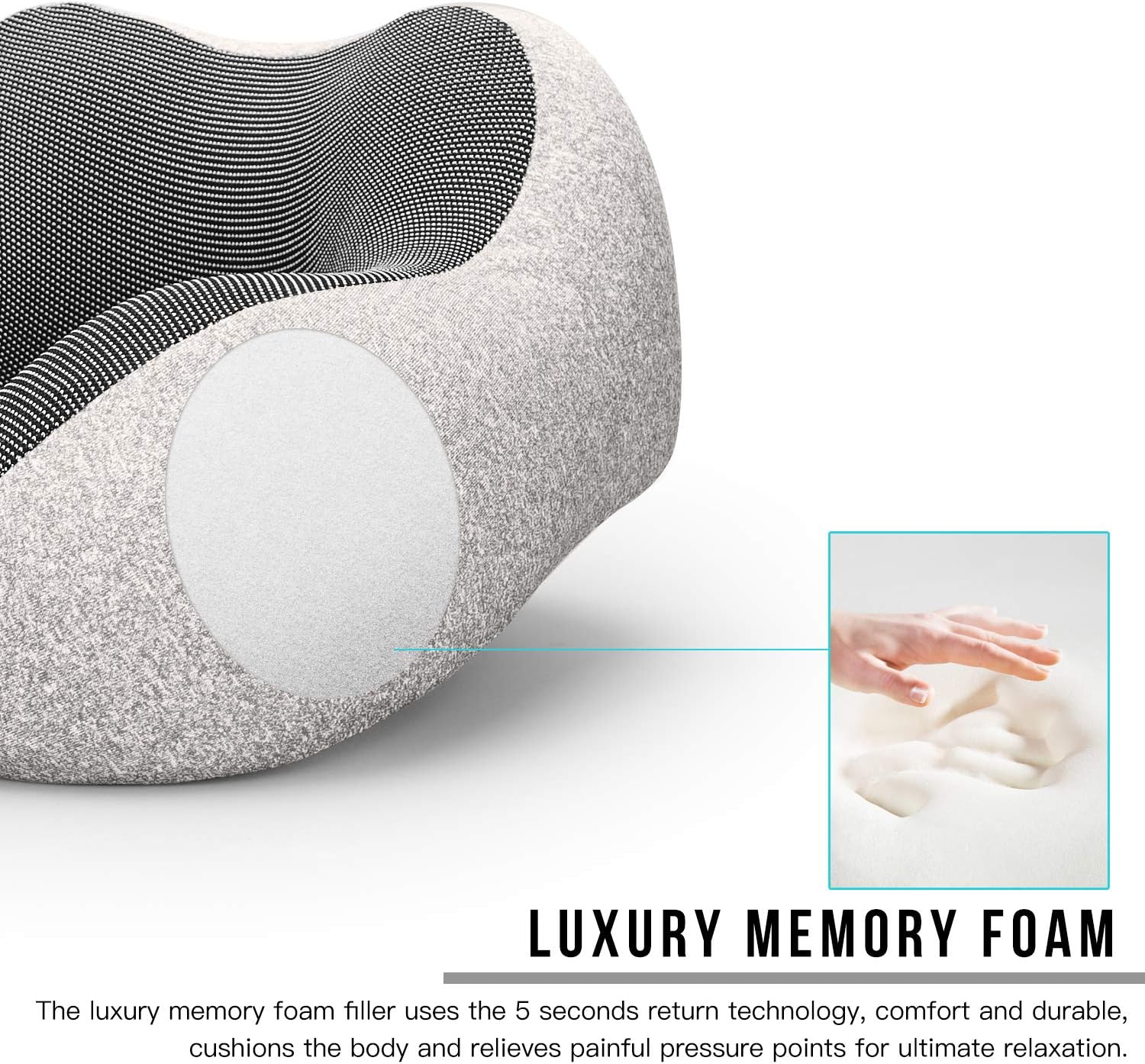 MLVOC Neck Pillow for Traveling, Upgraded 100% Pure Memory Foam Travel Neck Pillow for Airplane Flight Sleep, Breathable & Machine Washable Cover, Travel Kit with 3D Eye Mask, Earplugs & Bag, Grey