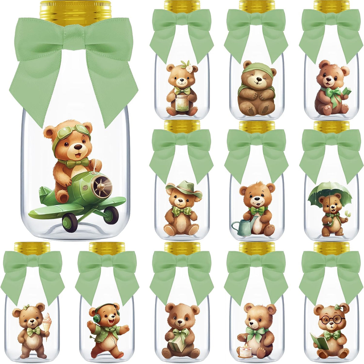 Ethisa Small 12 Pack Woodland We Can Bearly Wait Party Favors - Gender Neutral Jars with Ribbons and Stickers - DIY Sage Green Party Decoration Candy Bottles for Teddy Bear Baby Shower and Reveal