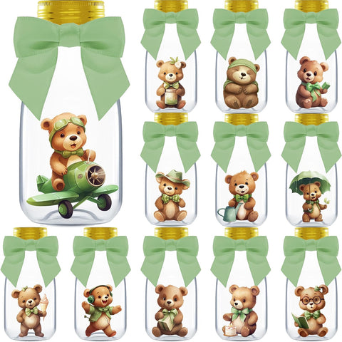 Ethisa Small 12 Pack Woodland We Can Bearly Wait Party Favors - Gender Neutral Jars with Ribbons and Stickers - DIY Sage Green Party Decoration Candy Bottles for Teddy Bear Baby Shower and Reveal