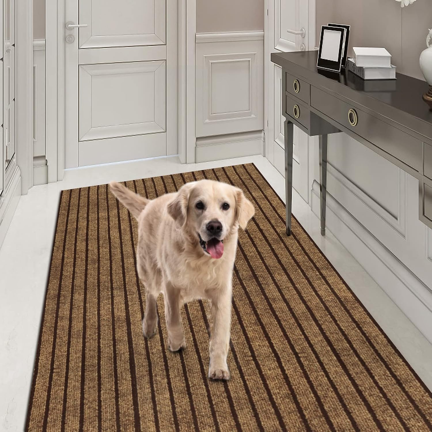 Runner Rug 2FT x 10FT, AYOHA 2'-82' Utility Carpet Runner for Entryway Hallway Aisles Balcony Garages, Area Rugs with Non-Slip Rubber Backing, Brown Strip (Available Custom Sizes)