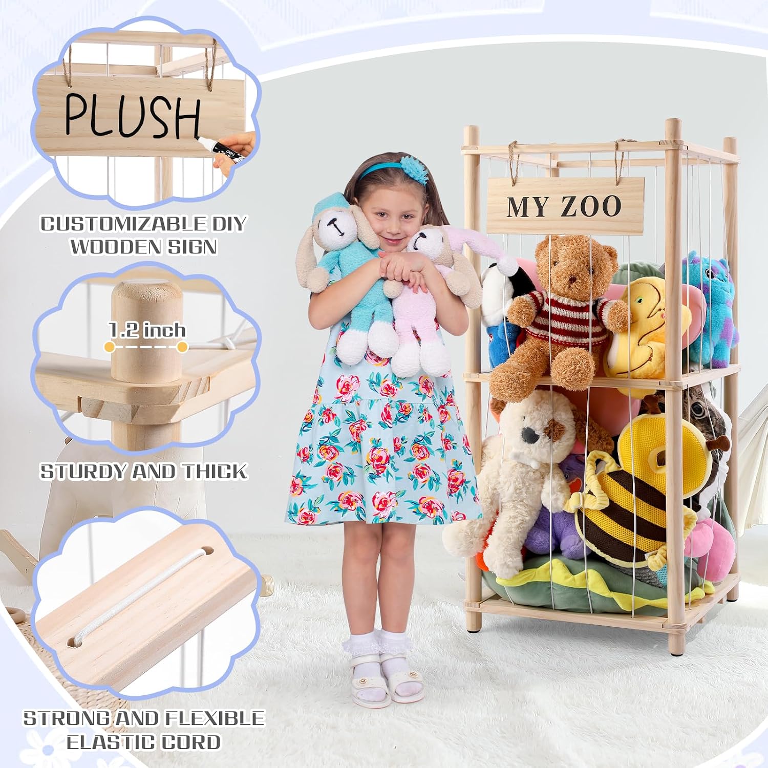 GLDZI Stuffed Animal Storage Zoo, Wooden Stuffed Animal Organizer with Elastic Cords for Boys Girls, Space Saving Toy Plushies Storage Holder for Playroom, Bedroom, Living Room (Burlywood, Small)