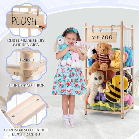 GLDZI Stuffed Animal Storage Zoo, Wooden Stuffed Animal Organizer with Elastic Cords for Boys Girls, Space Saving Toy Plushies Storage Holder for Playroom, Bedroom, Living Room (Burlywood, Small)