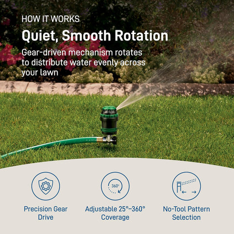 Orbit H2O-Six Gear-Drive Sprinkler on Metal T-Spike - Customizable Lawn Watering Coverage - Multi-Pattern Rotating Head with Adjustable Spray Range - Durable Outdoor Yard Irrigation Sprinkler - 58573