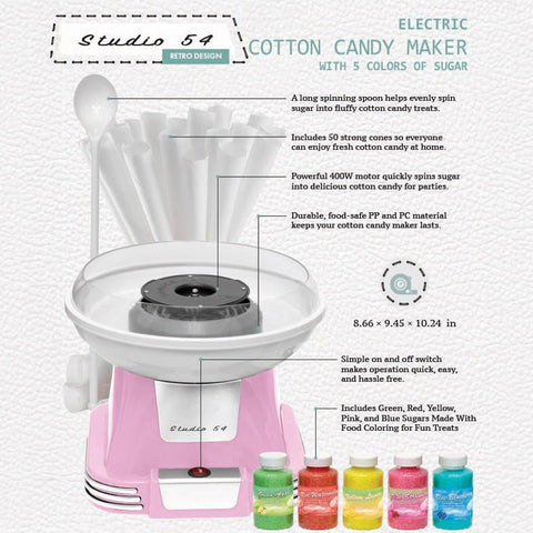 Retro Cotton Candy Machine with 5 Jars (11oz Each) Floss Sugar, 50 Paper Cones, Easy Cleanup Cotton Candy Maker, Durable Retro Design, Makes 20–30 Servings per Jar, BPA & Lead Free