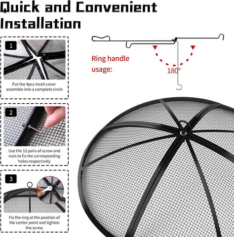 Fire Pit Spark Screen, Outdoor 36 Inch Round Fire Pit Screen with Foldable Hook and Marshmallow Sticks, Heavy Duty Steel Mesh Fire Pit Cover for Backyard, Beach, RV Camping