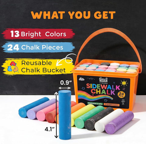 24 PCS Sidewalk Chalk for Kids - 13 Colors Chalk Bucket -Non-Toxic Washable