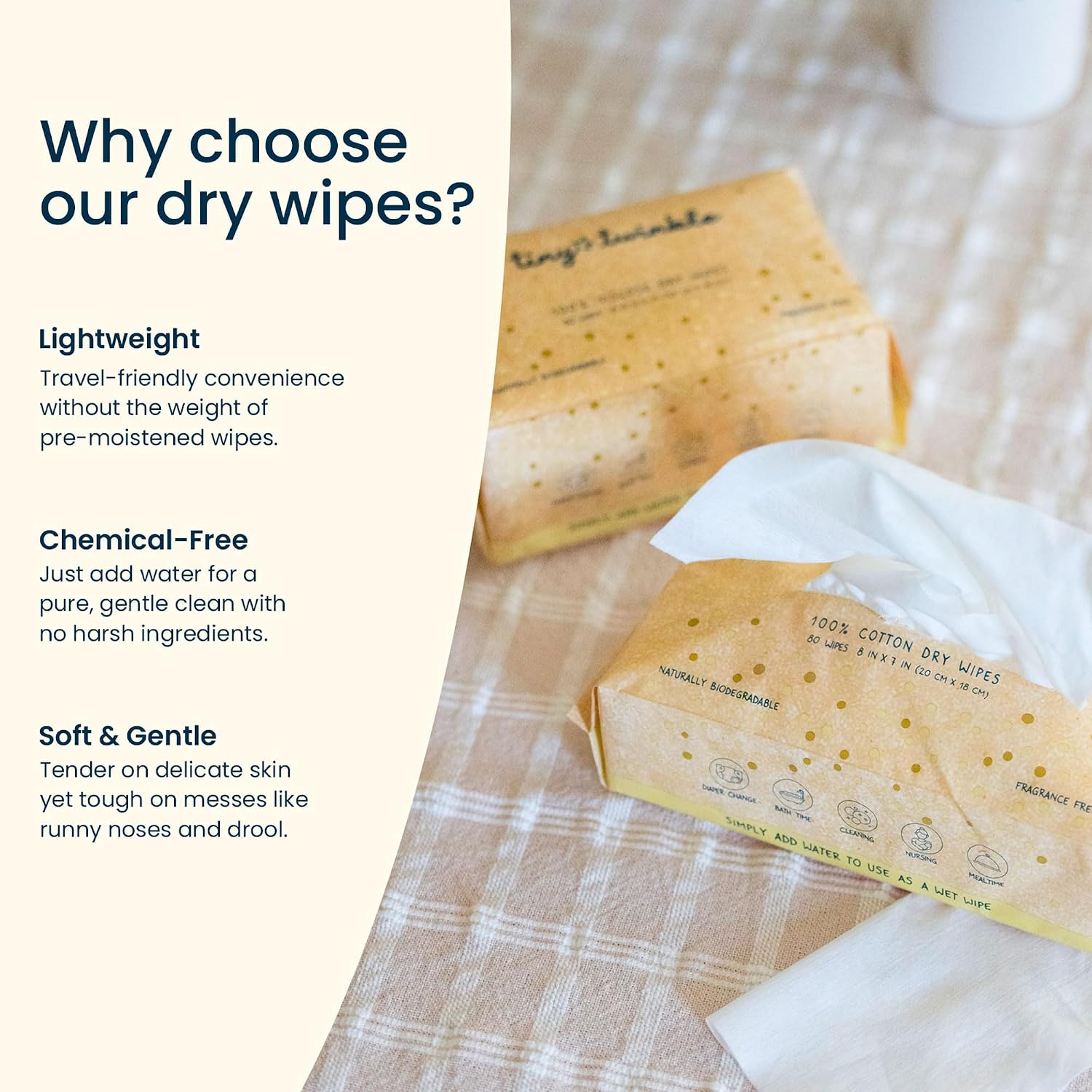 Tiny Twinkle 100% Cotton Dry Wipes for Baby | 960 Count | Use Wet or Dry | Scent Free (Fragrance-Free), Hypoallergenic & Chlorine-Free | Ultra Soft, Strong & Gentle for Sensitive Skin