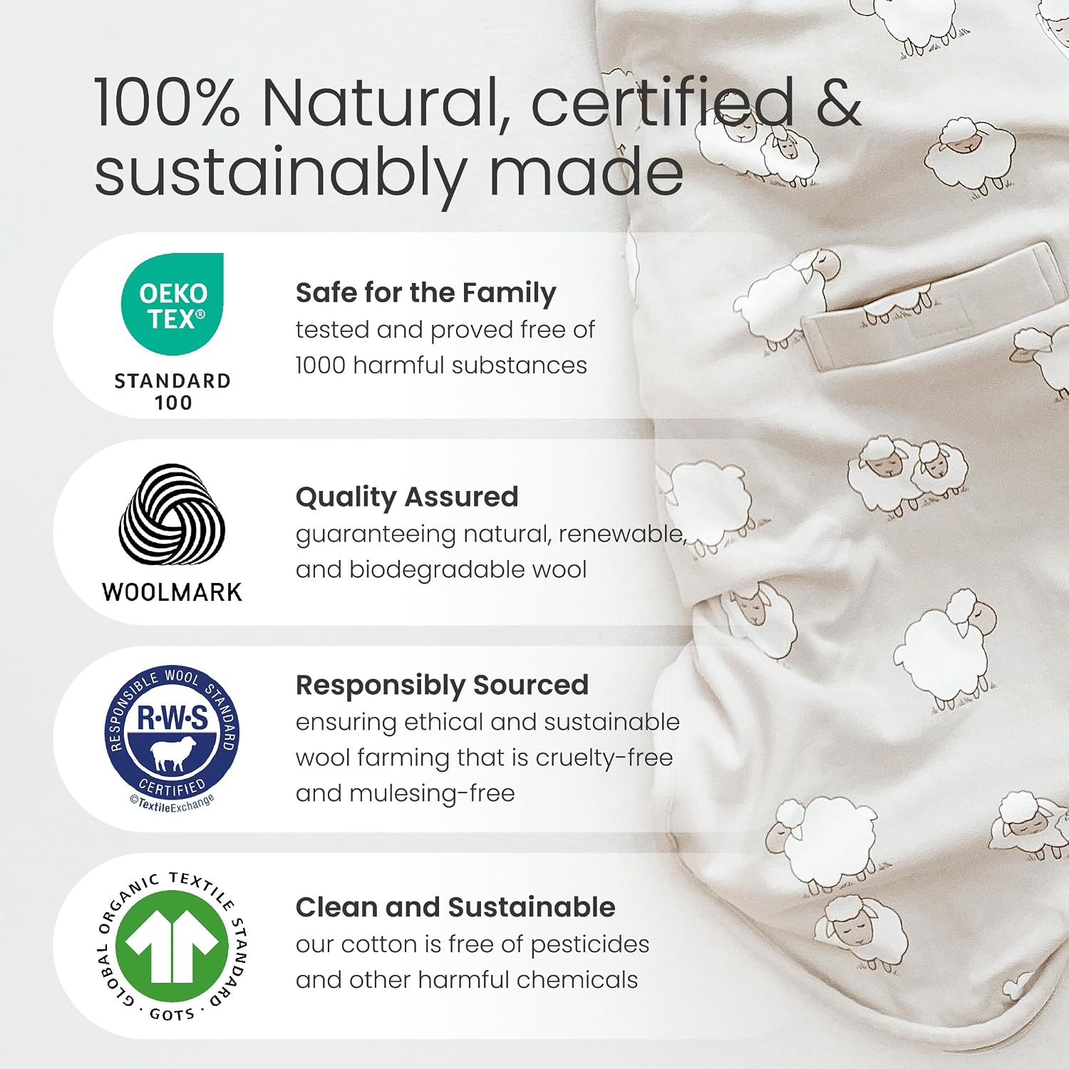 Woolino Merino Wool & Organic Cotton Baby Sleep Sack 2-24 Months – Ultimate 4-Season Baby Sleeping Bag, Universal Size Wearable Blanket, 2-Way Zipper & Adjustable Fit, Year-Round Use - Sheep