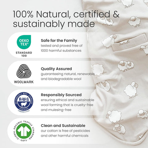 Woolino Toddler Sleeping Bag, 4 Season, Merino Wool and Organic Cotton, Baby Sleep Bag or Sack, 2-4 Years, Earth
