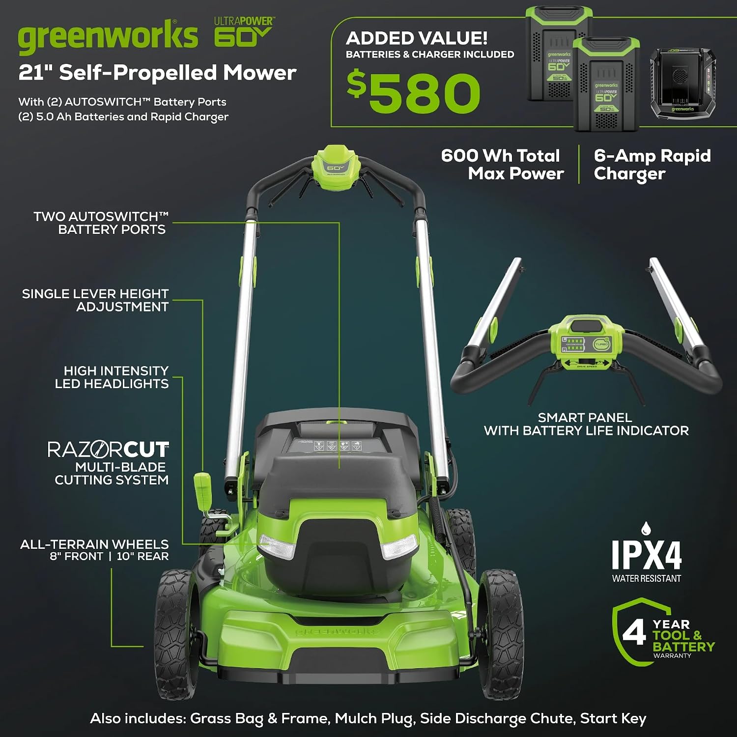 Greenworks 60V 21in Self-Propelled Lawn Mower, (2) 5.0 Ah Battery Kit