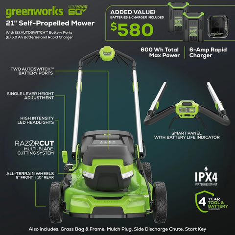 Greenworks 60V 21in Self-Propelled Lawn Mower, (2) 5.0 Ah Battery Kit