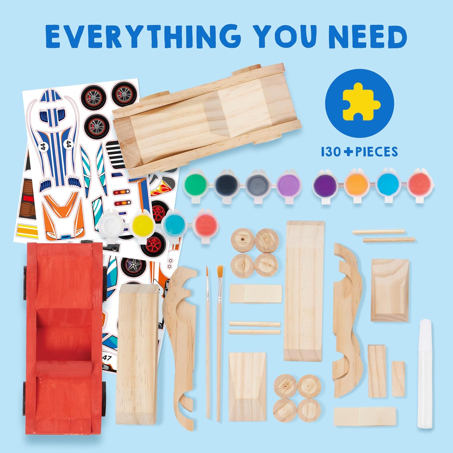 Klever Kits 4 DIY Wooden Race Cars-Build & Paint Your Own Wood Craft Kit, 4 Race Cars Toy, Easy to Assemble Arts Crafts Kit, Birthday Party Presents for Kids Boys and Girls