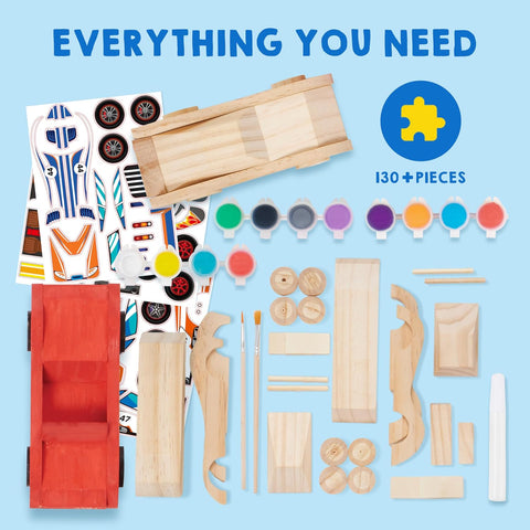 Klever Kits 4 DIY Wooden Race Cars-Build & Paint Your Own Wood Craft Kit, 4 Race Cars Toy, Easy to Assemble Arts Crafts Kit, Birthday Party Presents for Kids Boys and Girls
