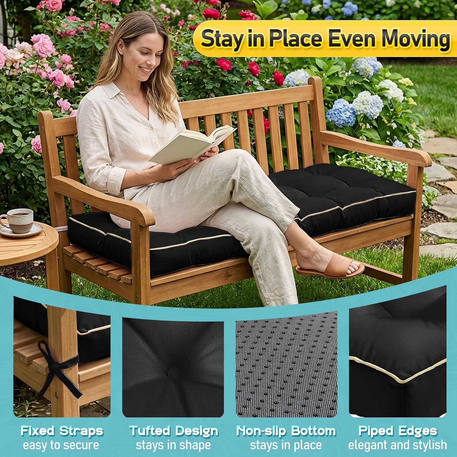 Outdoor Bench Cushion, Tufted Patio Seat Pad for Garden Bench, Porch Swing, Indoor/Outoor Furniture (Black, 60X18X5)