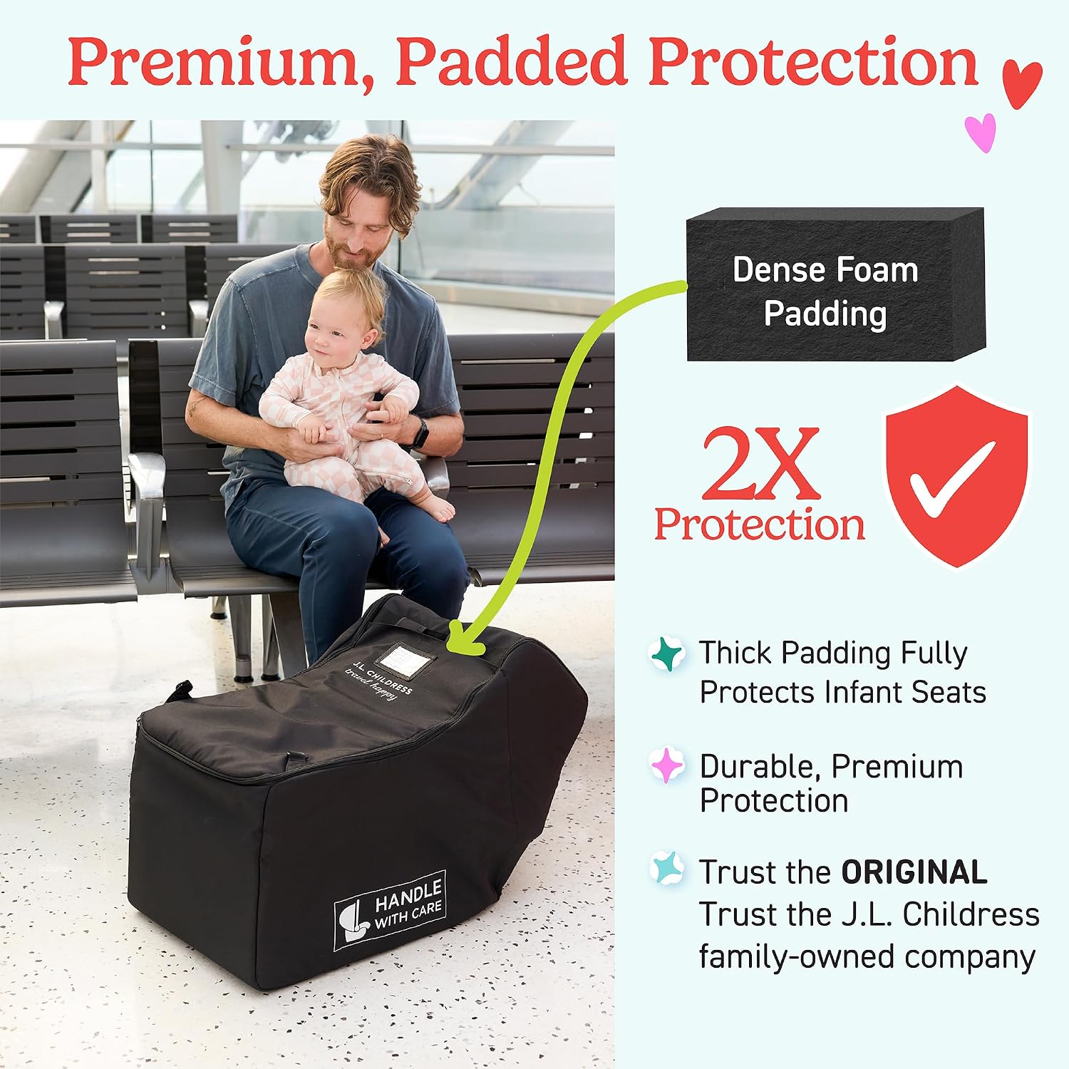 J.L. Childress Premier Padded Infant Car Seat Travel Bag - Backpack, 17” x 11.5” x 5” (43cm x29cm x12cm) (Pack of 4)