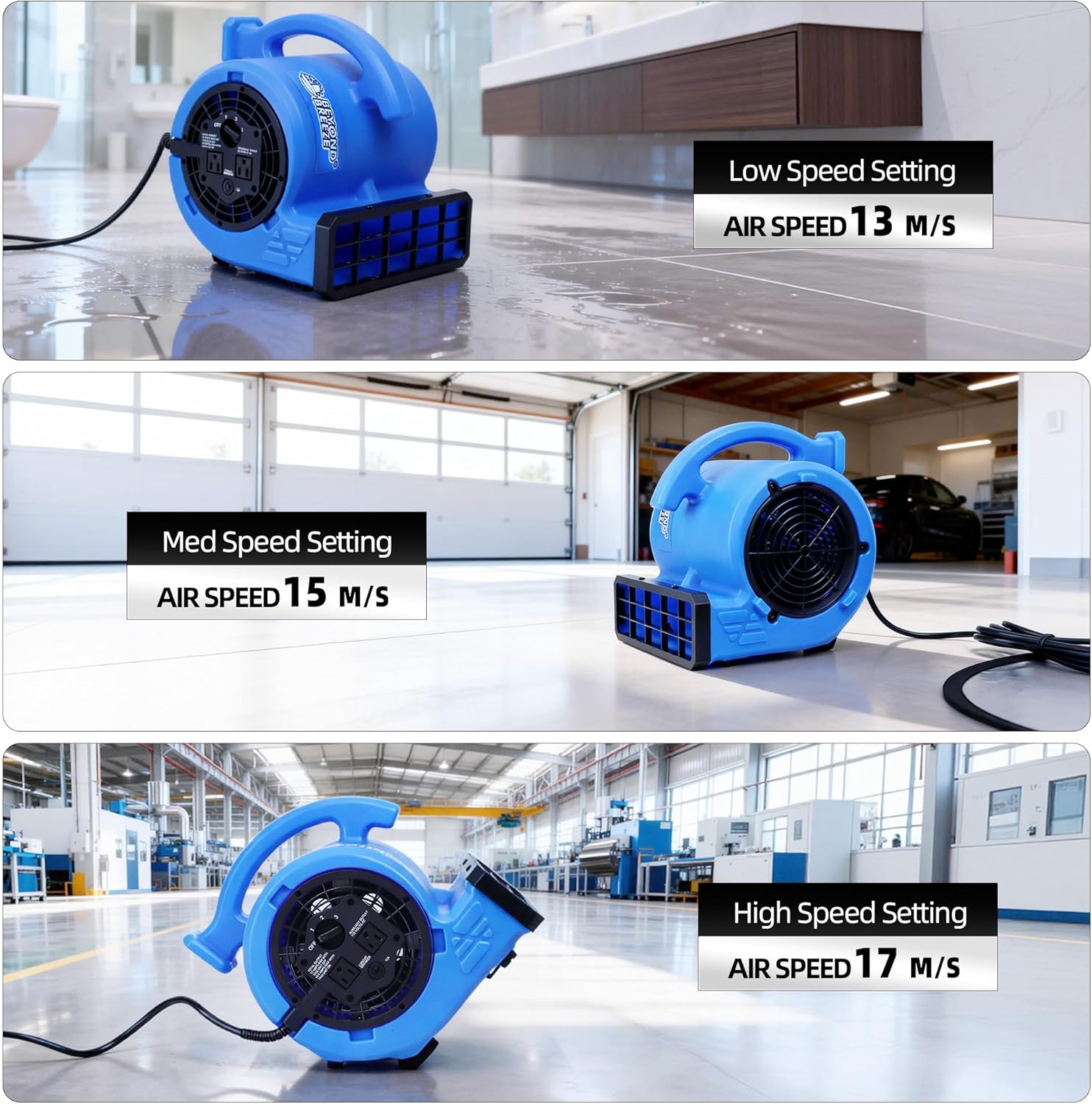 BEYOND BREEZE 1/4 HP 1000 CFM Air Mover Blower Fan with 3 Speeds, Blue