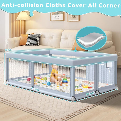 Fshibila 65" ×50" Large Baby Playpen with Mat, Baby Playard for Babies and Toddlers, Play Pens for Indoor & Outdoor, Sturdy Safety Play Yard with Soft Breathable Mesh, Anti-Fall, Grey