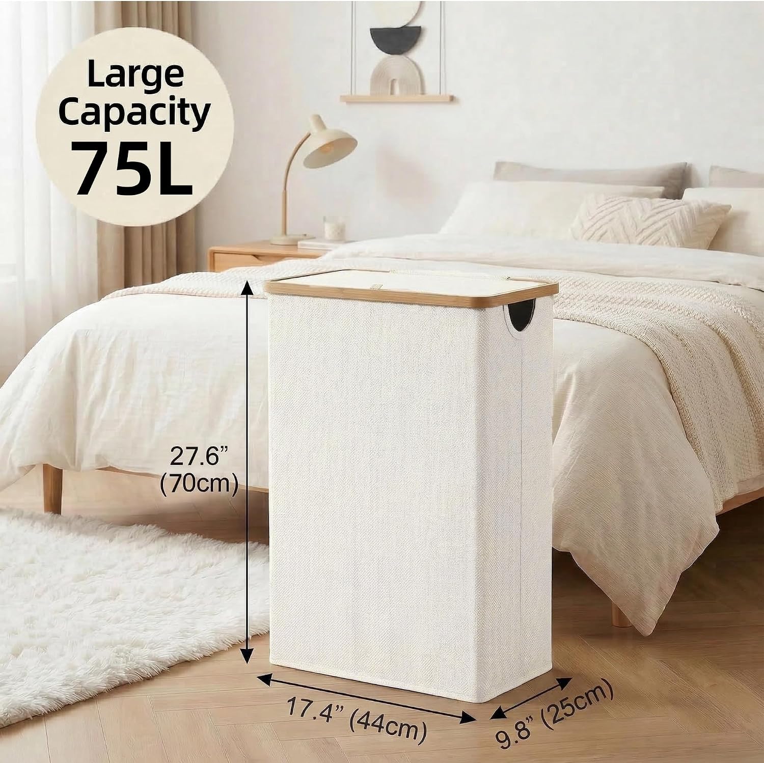 efluky Slim Laundry Basket with Lid, Narrow Laundry Hamper with Removable Bag, Skinny Dirty Clothes Basket with Bamboo Handles for Bathroom, Bedroom & Laundry Room, 75L Beige