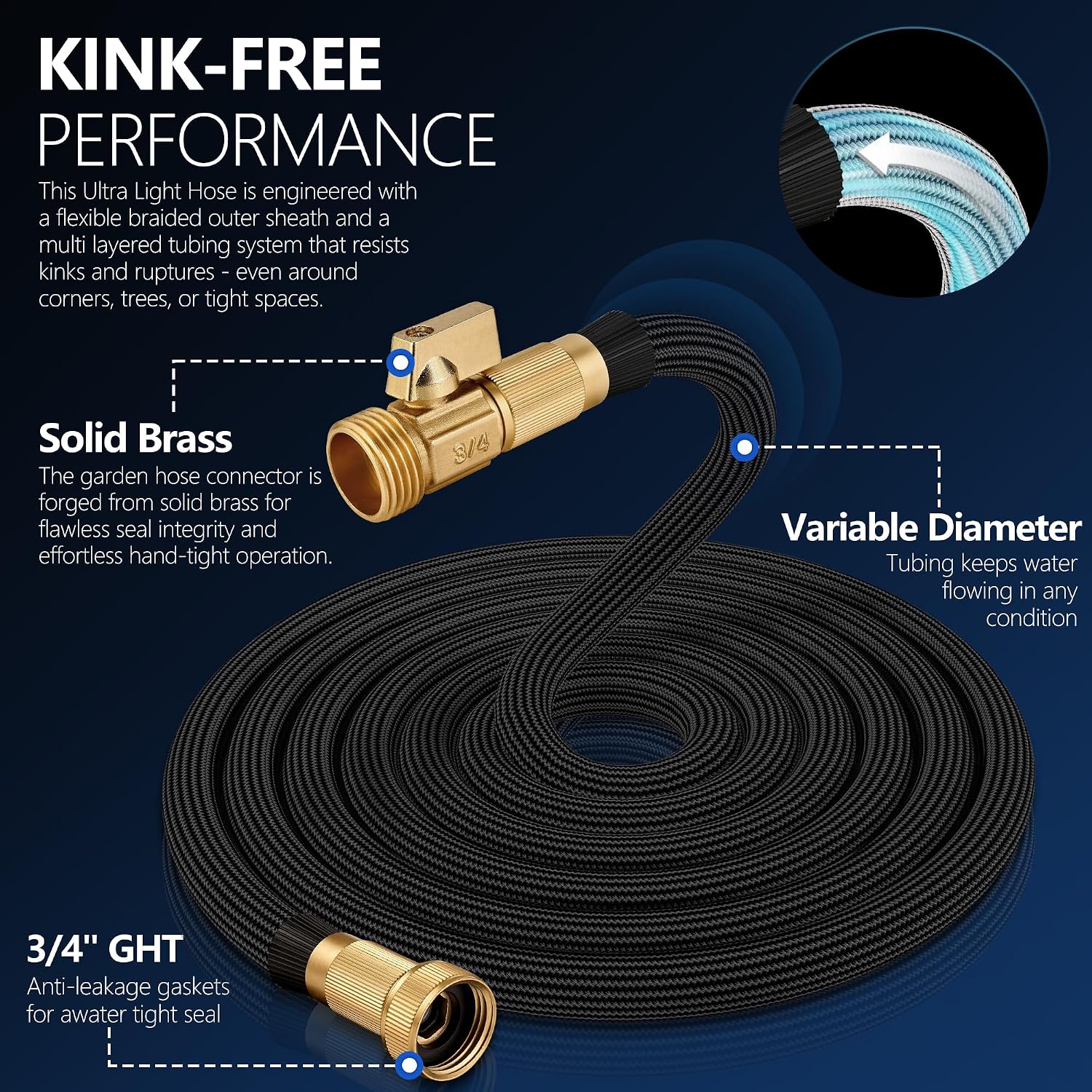 Flexible Garden Hose 100 FT, Ultra Lightweight Water Hoses 100FT w/10 Function Sprayer and 3/4" Brass Fittings, Kink-Free, Sturdy, Abrasion Resistant for Yard, Lawn, Outdoor and Gardening(Black)
