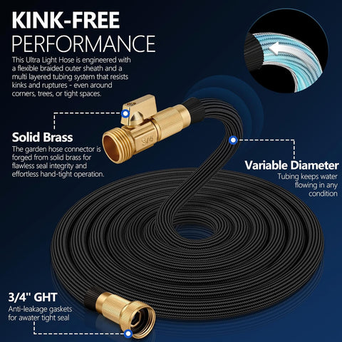 Flexible Garden Hose 50 FT, Ultra Lightweight Water Hoses 50FT w/10 Function Sprayer and 3/4" Brass Fittings, Kink-Free, Sturdy, Abrasion Resistant for Yard, Lawn, Outdoor and Gardening(Black)