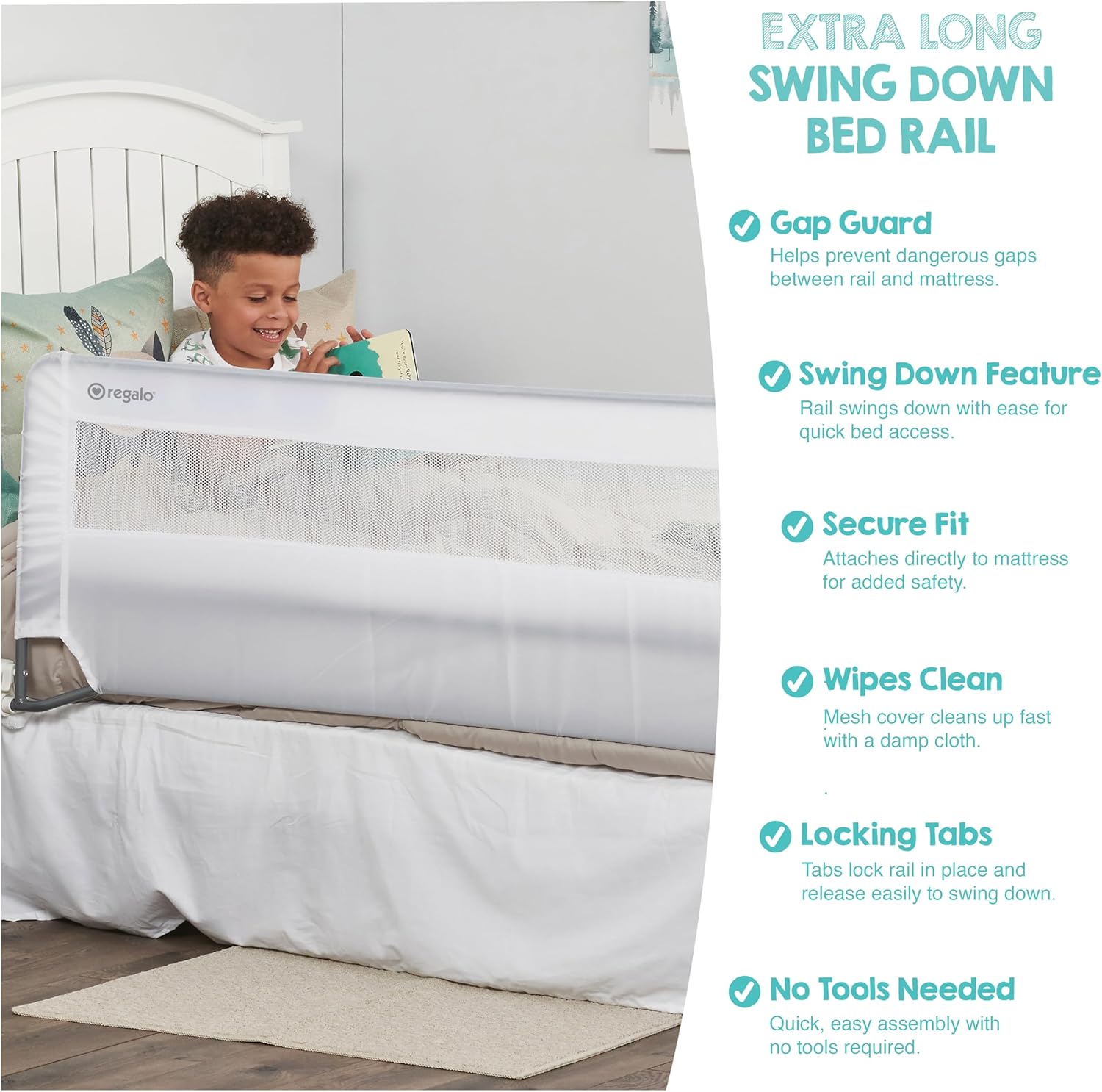 Regalo Safety 54” Extra Long Bed Rail Guard for Toddlers, Swing Down Toddler Bed Rail with Reinforced Anchor Safety System, 20” Tall Bed Safety Rail, Fits Twin, Full & Queen Beds