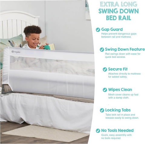 Regalo Safety 54” Extra Long Bed Rail Guard for Toddlers, Swing Down Toddler Bed Rail with Reinforced Anchor Safety System, 20” Tall Bed Safety Rail, Fits Twin, Full & Queen Beds