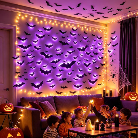 38 Pcs Halloween Decorations 3D Bats Wall Decor Indoor Outdoor Purple LED