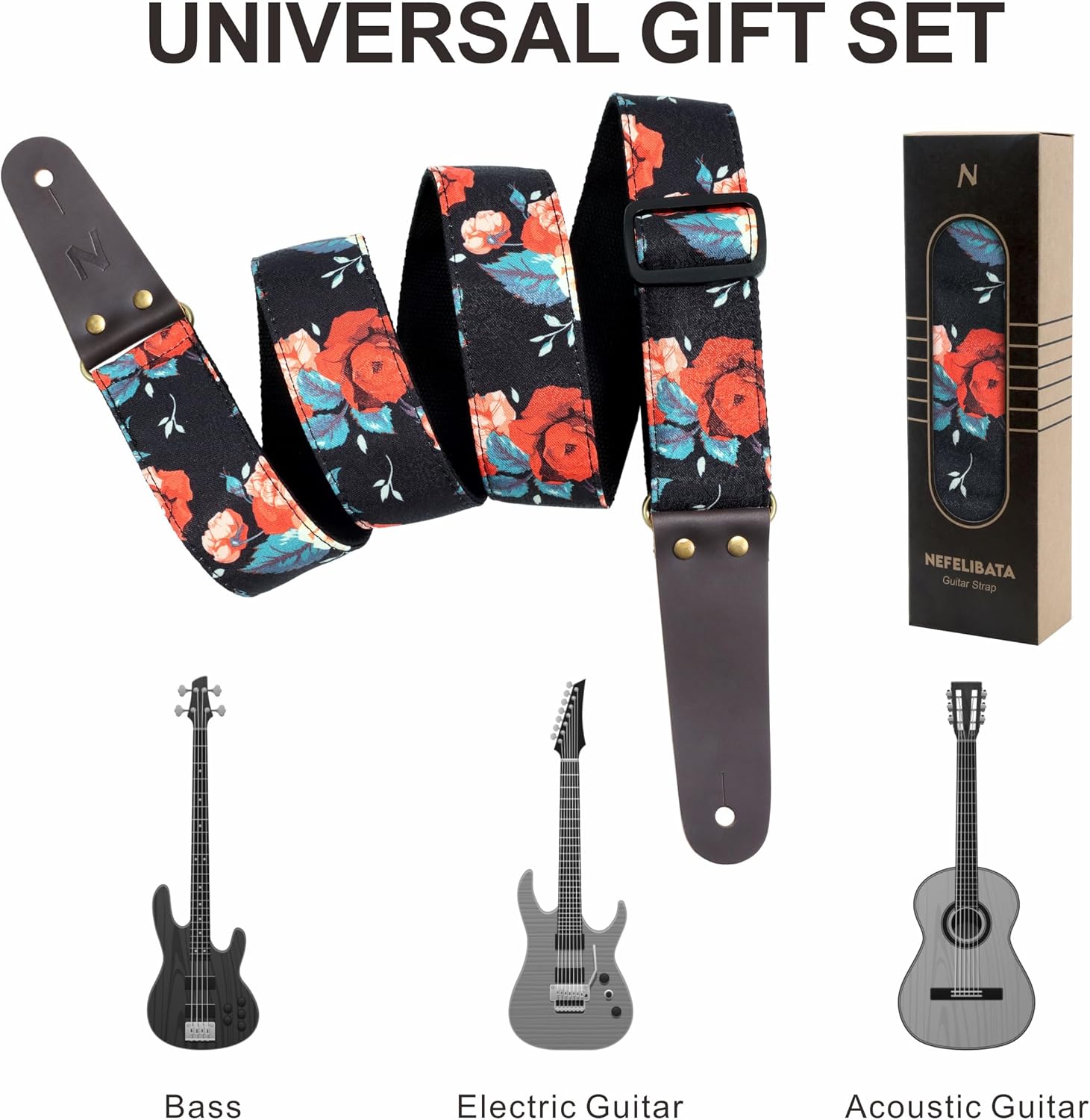 Nefelibata Guitar Strap, Cotton Print Rose Guitar Straps with Head Cowhide Leather Ends for Bass, Electric & Acoustic Guitars, Free Strap Button, 1 Pair Strap Locks and 4 Guitar Picks