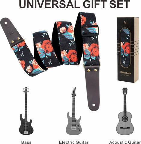 Nefelibata Guitar Strap, Cotton Print Rose Guitar Straps with Head Cowhide Leather Ends for Bass, Electric & Acoustic Guitars, Free Strap Button, 1 Pair Strap Locks and 4 Guitar Picks