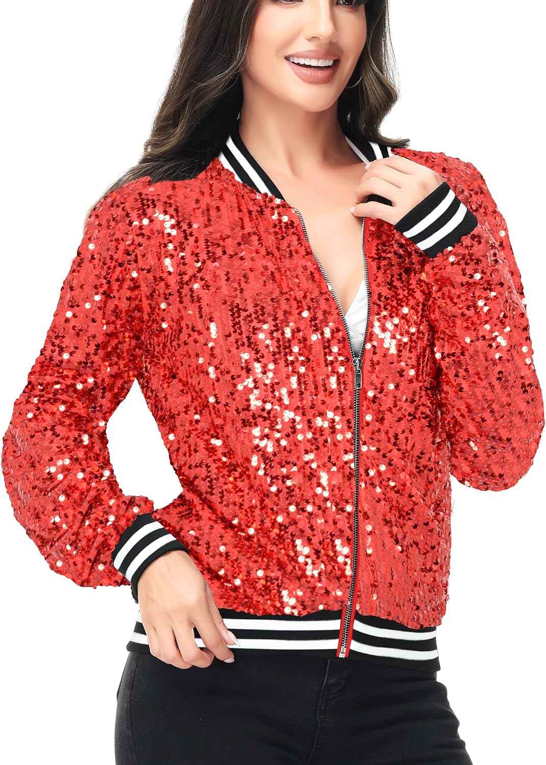 Anna-Kaci Womens Sequin Jacket Bomber Coat 1989 Slitter Outfit For Concert Party
