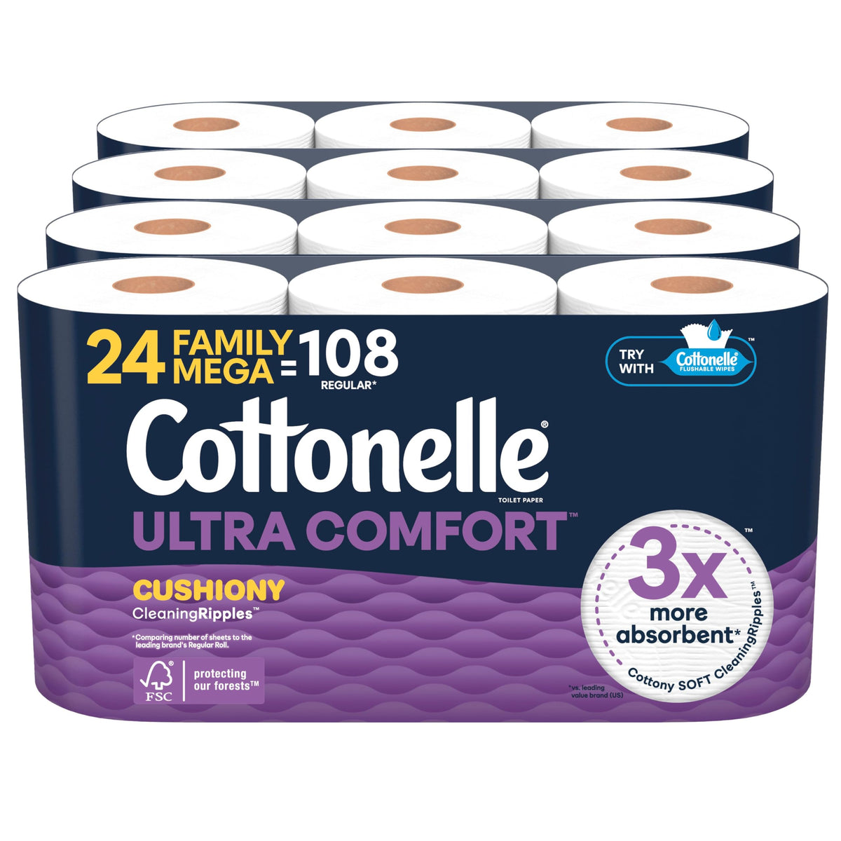 Cottonelle Ultra Comfort Toilet Paper with Cushiony CleaningRipples Texture, 24 Family Mega Rolls (24 Family Mega Rolls = 108 Regular Rolls) (4 Packs of 6), 296 Sheets per Roll, Packaging May Vary