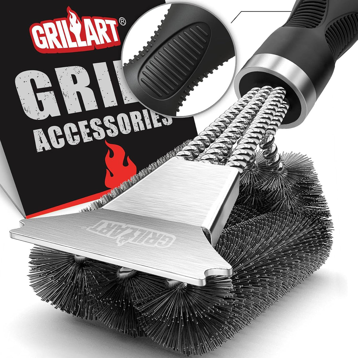 GRILLART Grill Brush, 18'' Extra-Strong Handle, BBQ Cleaner with Scraper