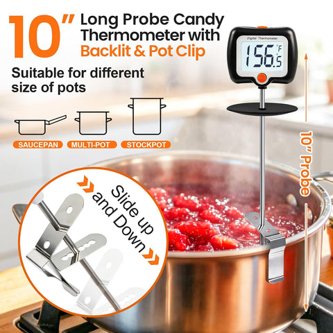 10 Inch Long Digital Candy Thermometer with Pot Clip,Deep Fry Thermometer,Rotating Display, Best Instant Read Food Meat Thermometer for Candy Making or Deep Frying