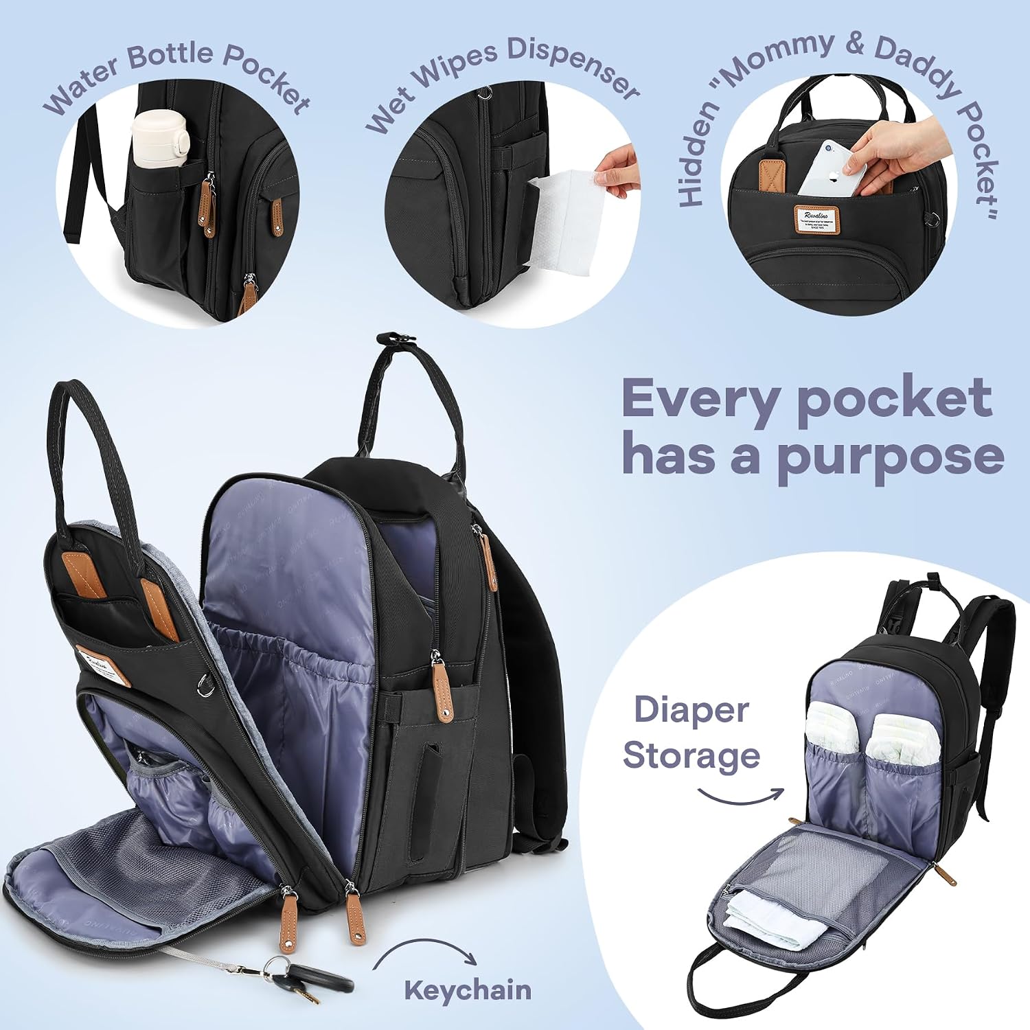 RUVALINO Baby Diaper Bag Backpack with Changing Pad, Waterproof, XL Black