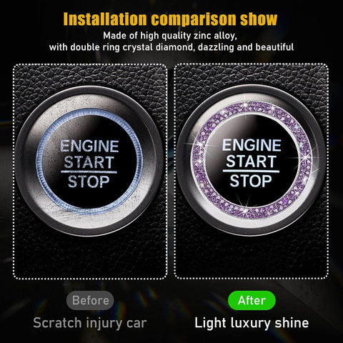 Kewucn 2 PCS Bling Crystal Double Rhinestone Car Engine Start Decoration Ring, Sparkling Push Start Button Sticker, Key Ignition & Knob Ring Decoration, Bling Car Interior Accessory(Purple)