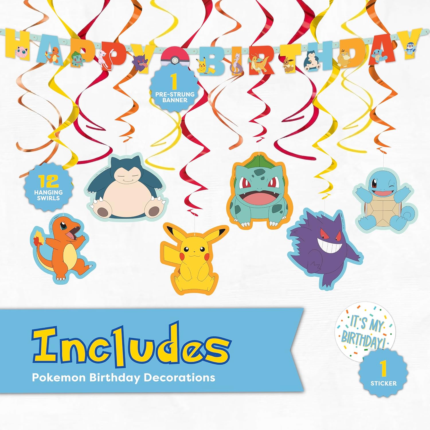Pokemon Birthday Decorations Party Supplies - Happy Birthday Banner, Swirls