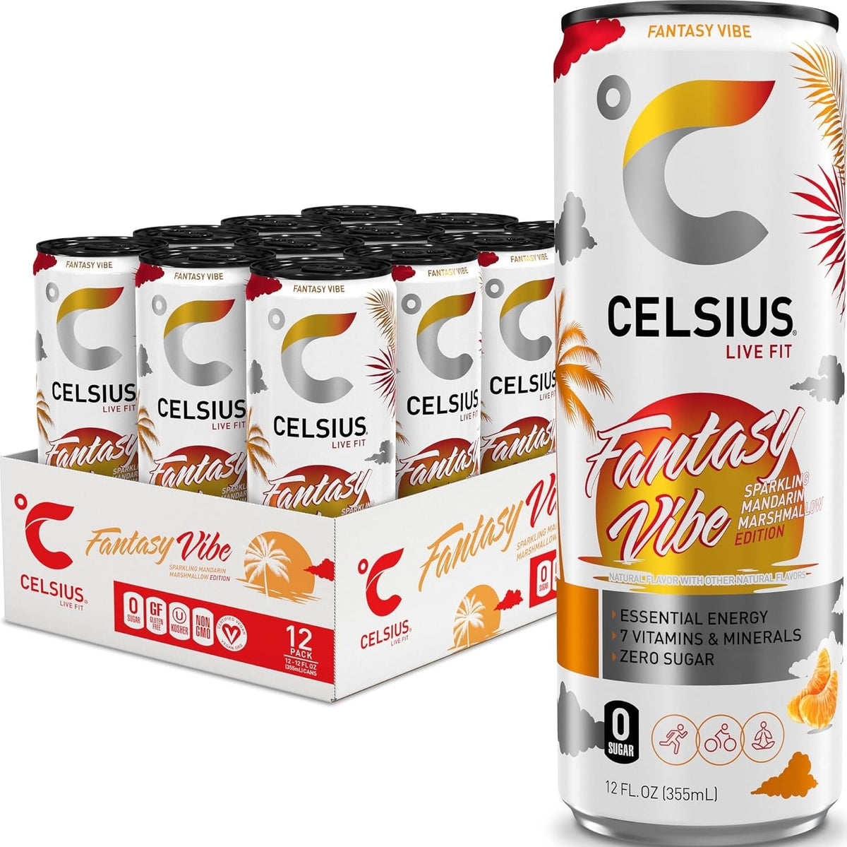 CELSIUS FANTASY VIBE Sparkling Mandarin Marshmallow, Sugar Free Energy Drink, 12 Fl Oz (Pack of 12)