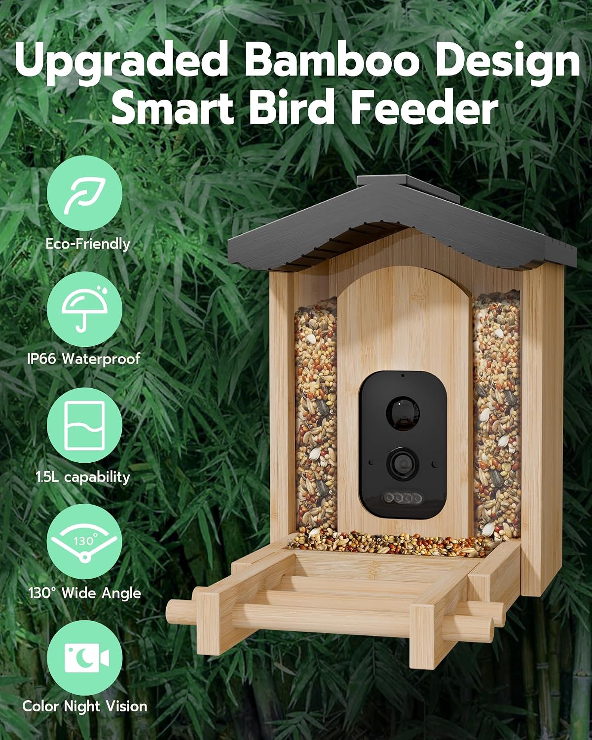 VISIOGEAR Bird Feeder with Camera, Smart Bird Feeder for Outdoors, Wild Birds Feeders with Solar Panel Bamboo Birds House Camera for Birdlovers, AI Auto Capture Birds & Real-time Notification (Gable)