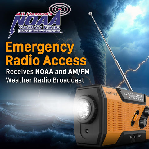 FosPower NOAA Emergency Weather Radio A1 7400mWh Solar Hand Crank (Orange)