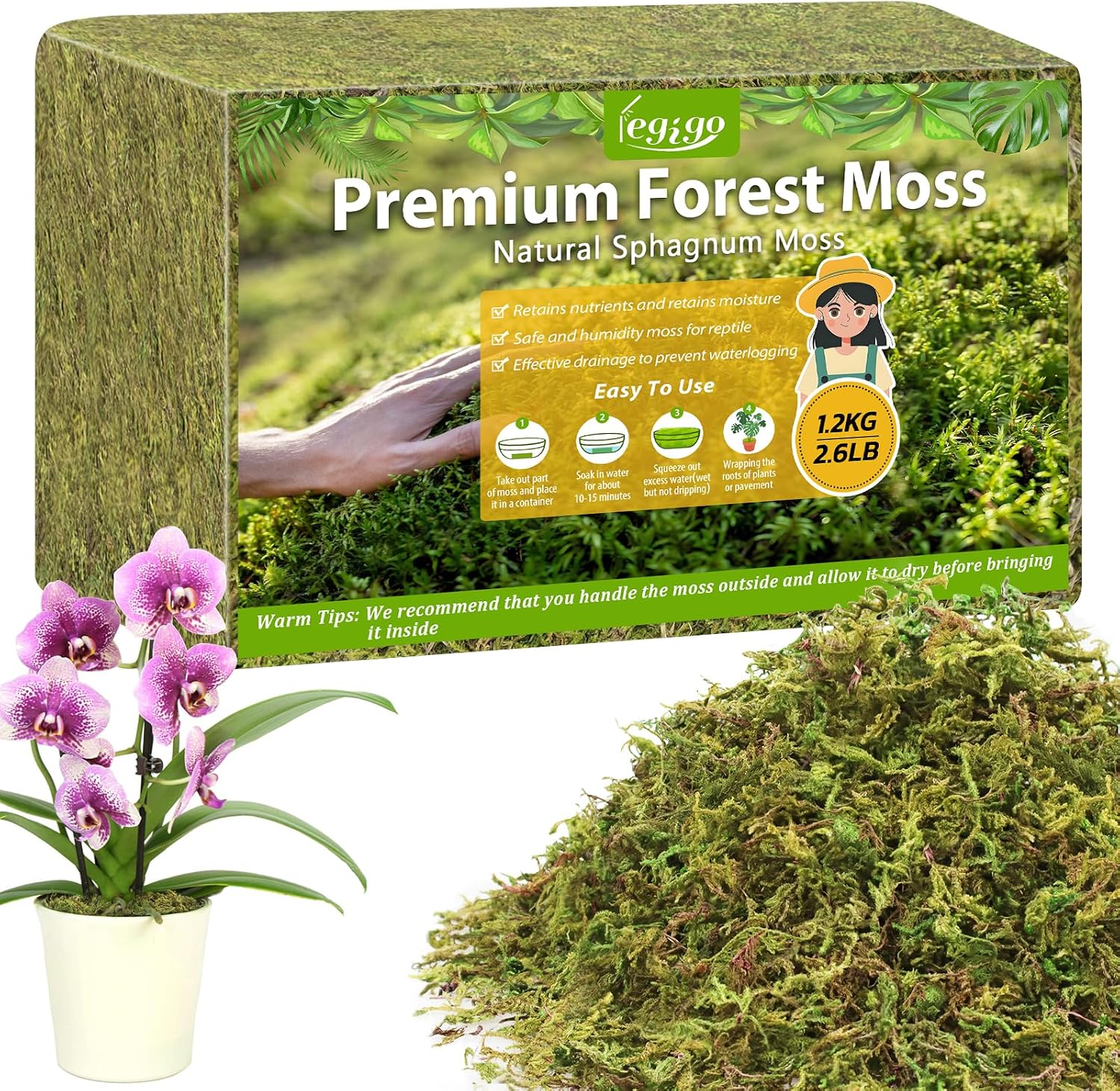 Legigo 2.6LB Sphagnum Moss for Plants, 60QT Natural Long Fiber Orchid Moss