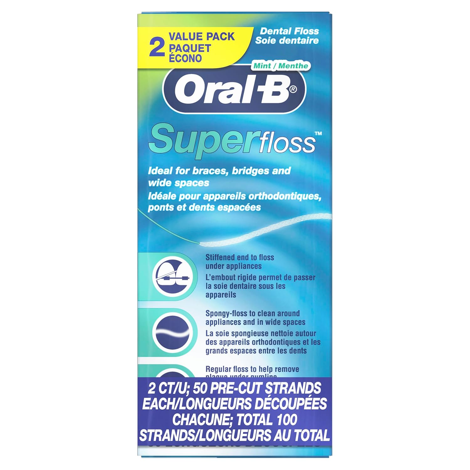 Oral-B Super Floss Pre-Cut Strands, Dental Floss for Bridges, Braces and Wide Spaces, 100 Strands
