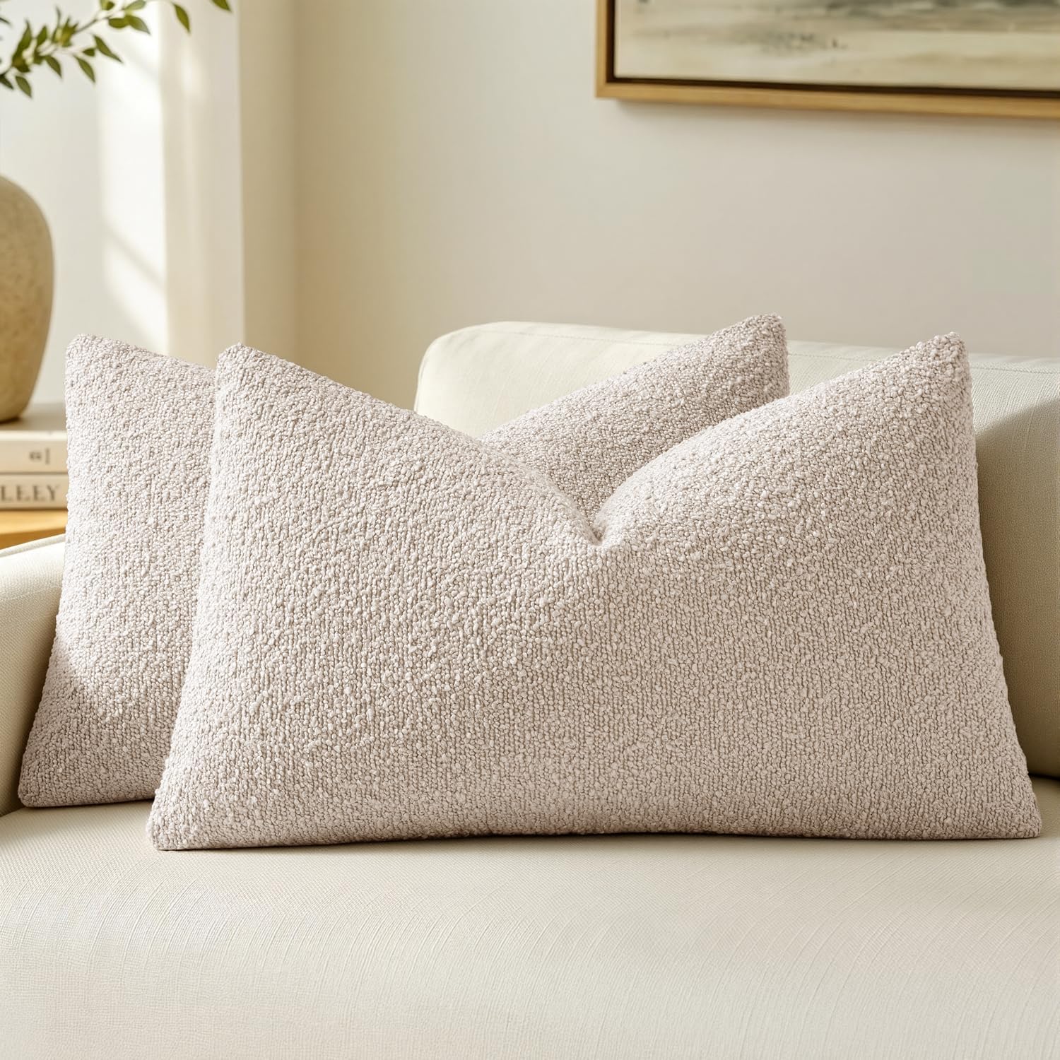 MIULEE 12x20 Decorative Lumbar Boucle Couch Pillow Covers Beige